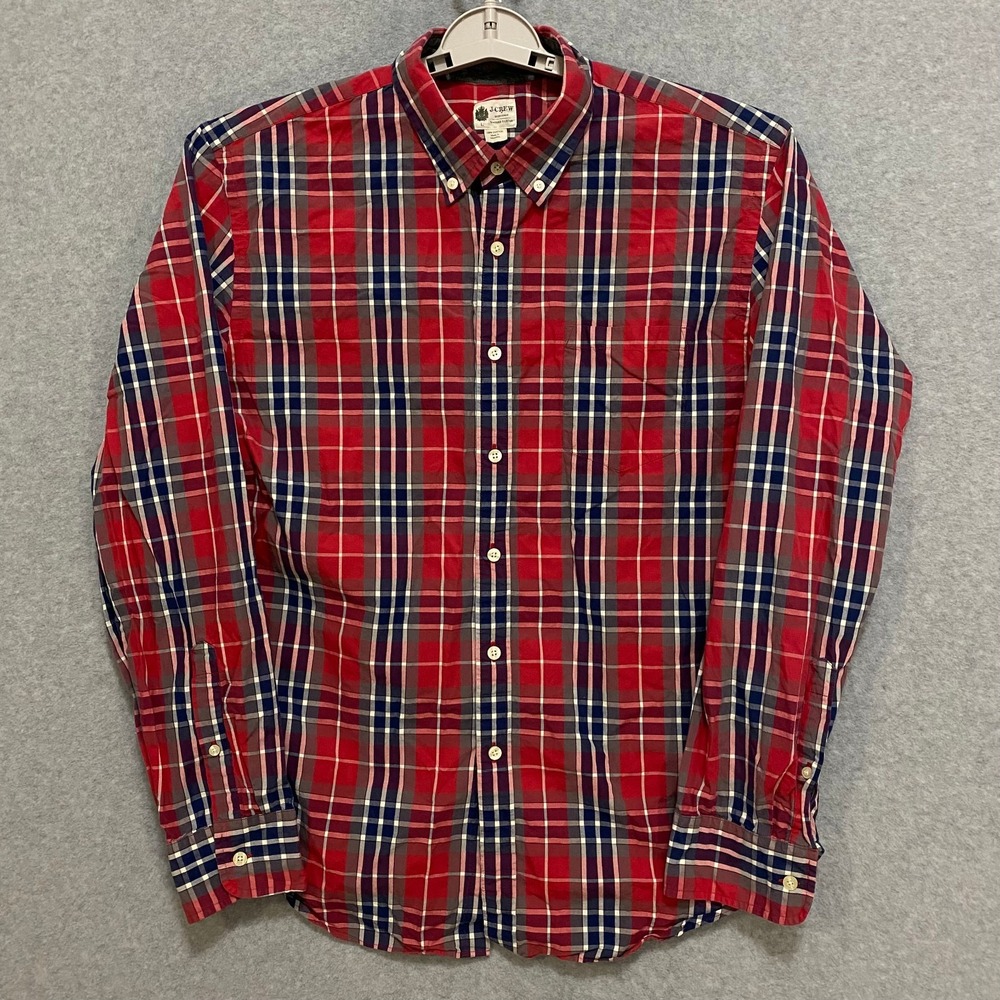J CREW Men's Large Plaid Button‎ Down Shirt Washed Tartan Red Blue 100% Cotton